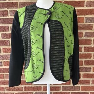 Vintage Womens M Canvasbacks Bright Green & Black Geometric Single Button Blazer